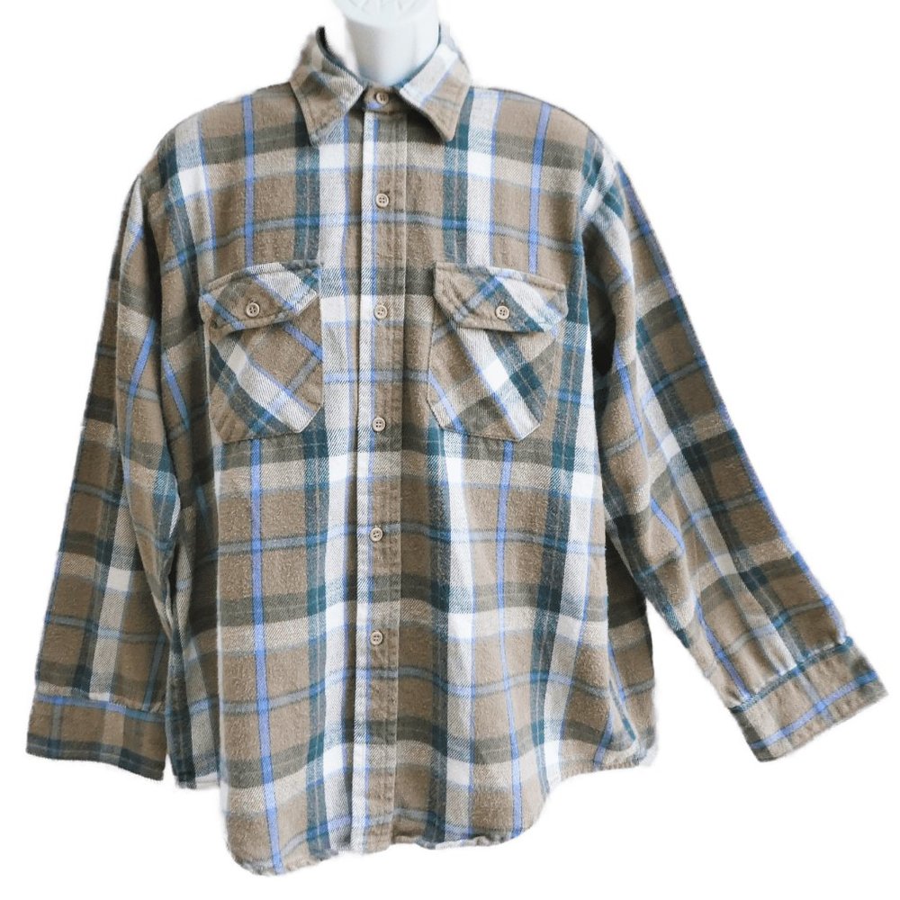 Vintage Flannel Shirt Ramsey Outdoor USA Neutrals Thick Plaid Chest Flap Pockets